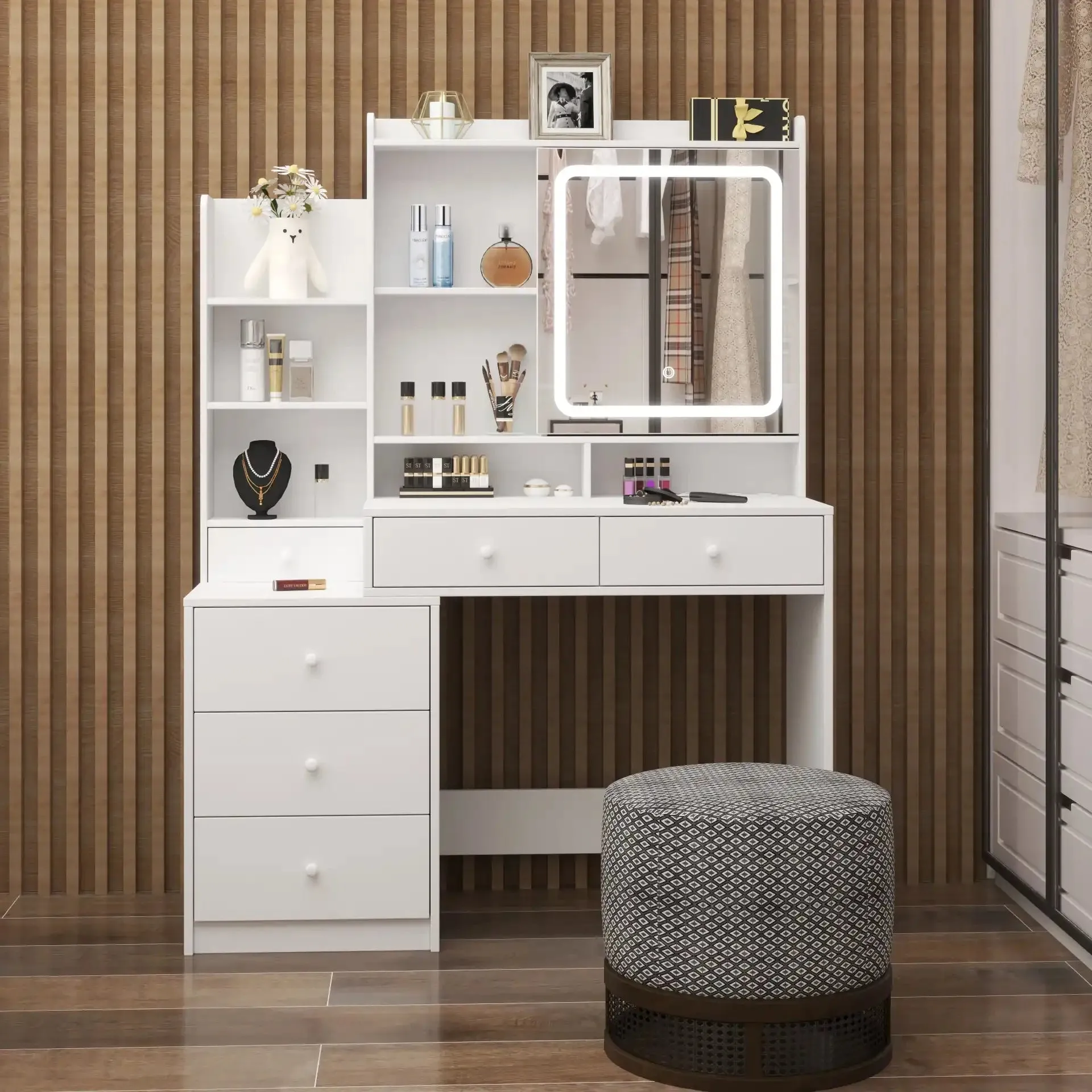 White Makeup Vanity Desk with Mirror, 6 Drawers